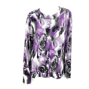 New Peck & Peck Collection Zip Front Jacket Womens XL Purple Grey Roses Floral